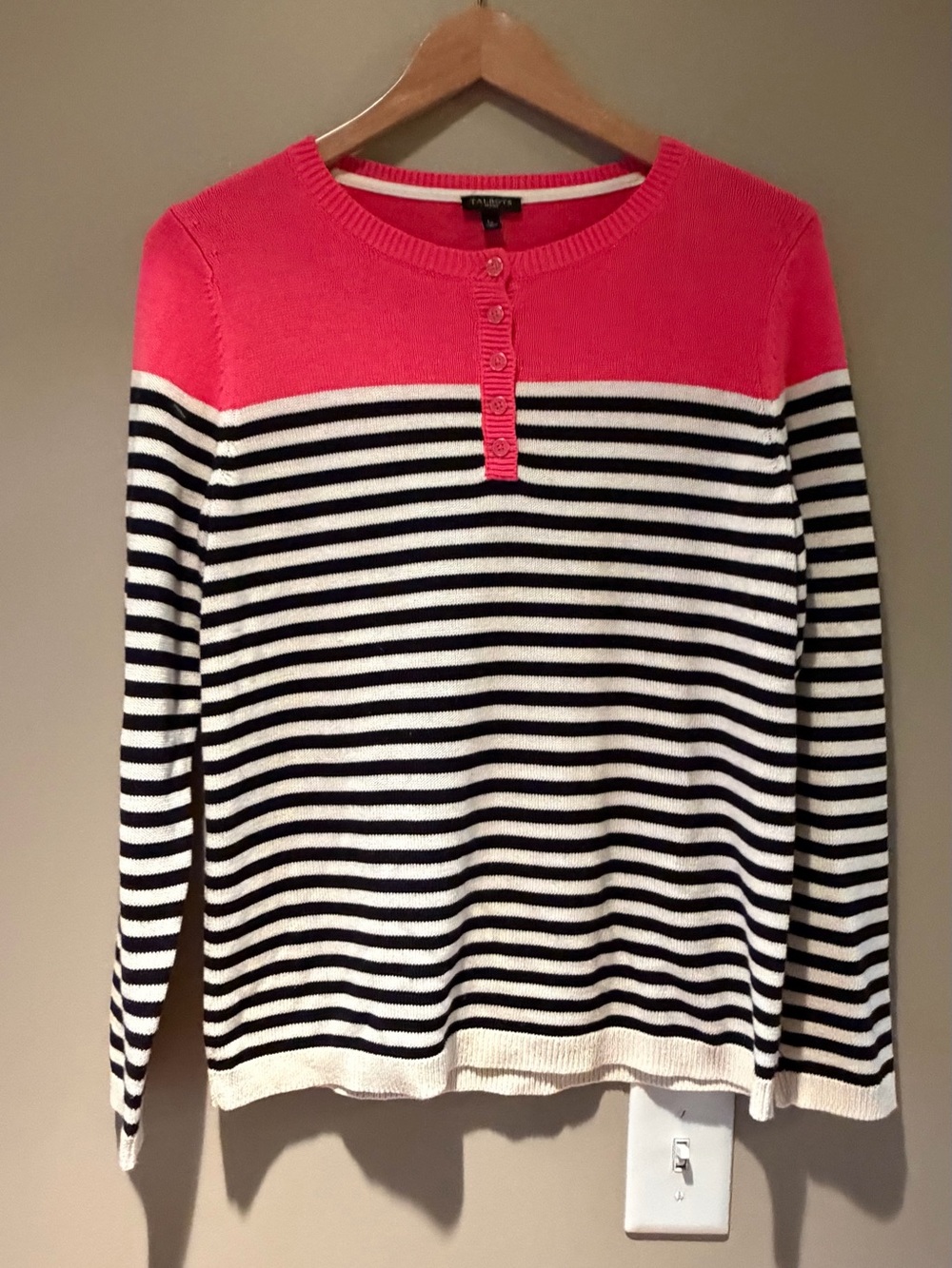 Talbots Navy and White Striped Long-Sleeve Top with Hot Pink Yoke Large Petite